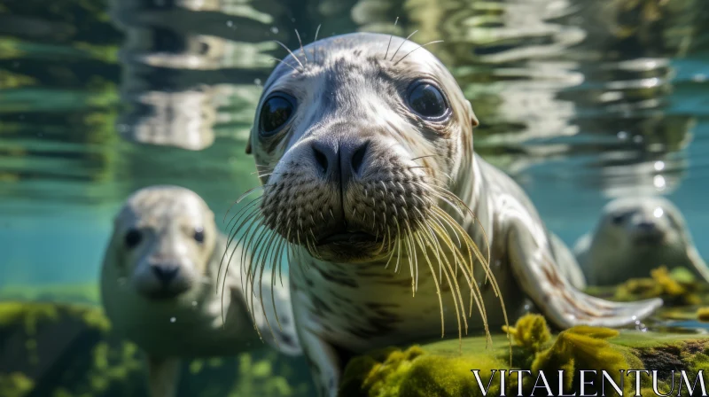 Underwater Journey: Three Seals Amidst Moss AI Image