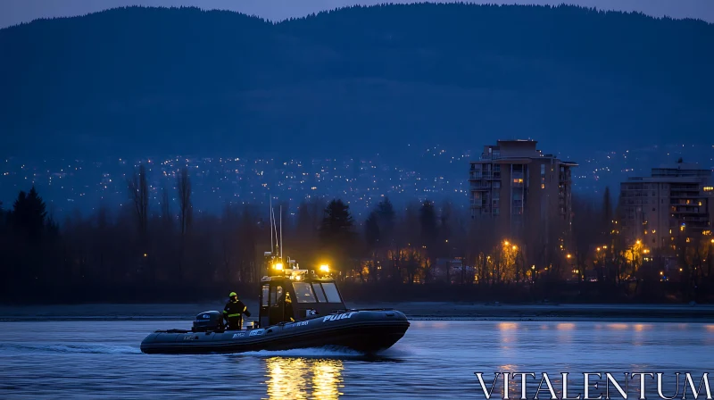 Police Boat at Dusk on a Reflective River AI Image