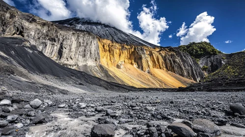 Volcano with Dark and Golden Rock Formations