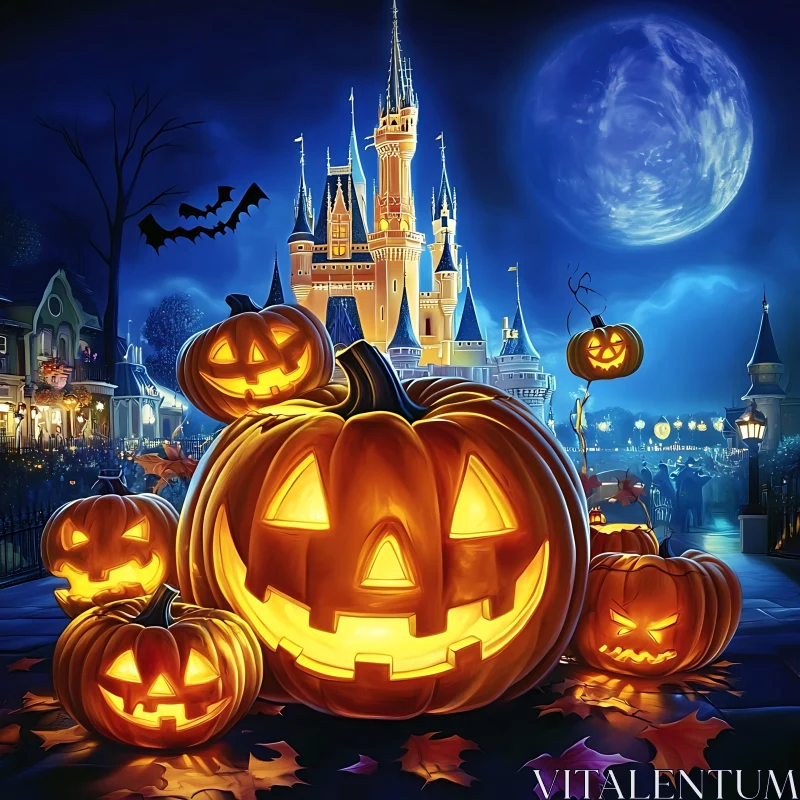 Haunted Castle Halloween Night with Glowing Pumpkins AI Image