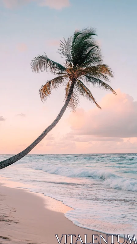 Serene Coastal Scene with Palm Tree at Sunset AI Image