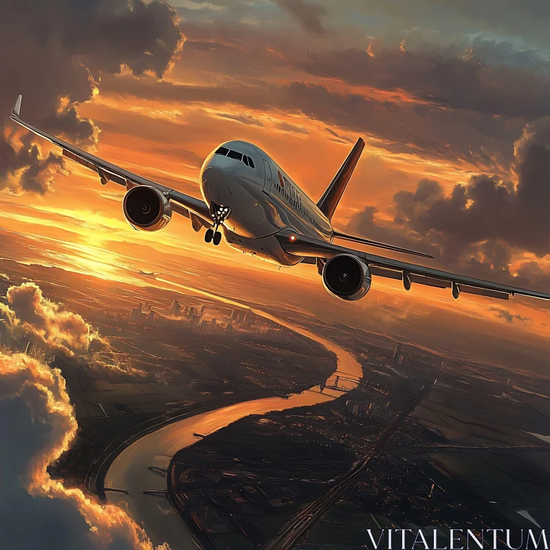 Airplane in the Evening Sky with Sunset AI Image