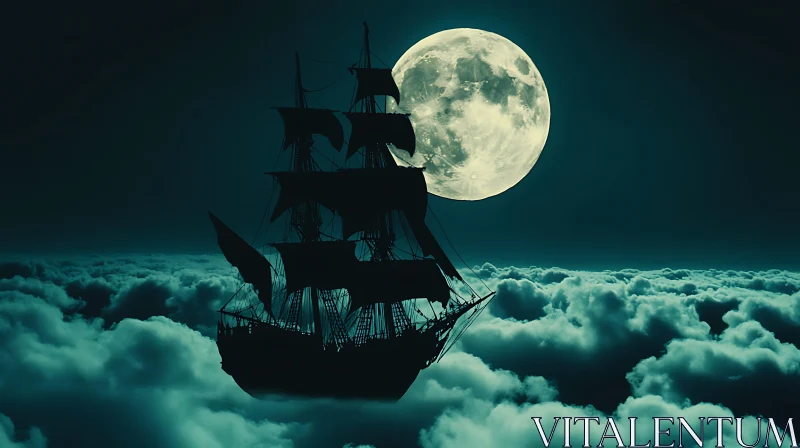 Mystical Ship Navigating through Clouds under the Full Moon AI Image