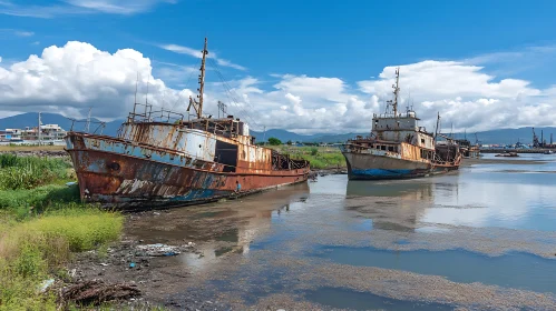 Derelict Boats Amidst Industrial Landscape