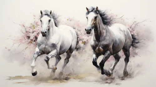 Elegant Watercolor Painting of Horses in Blossom Laden Field