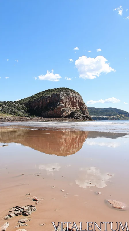 Mountain Reflection on Serene Beach Waters AI Image