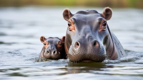Intense Gaze: Hippo Mother and Baby in Water