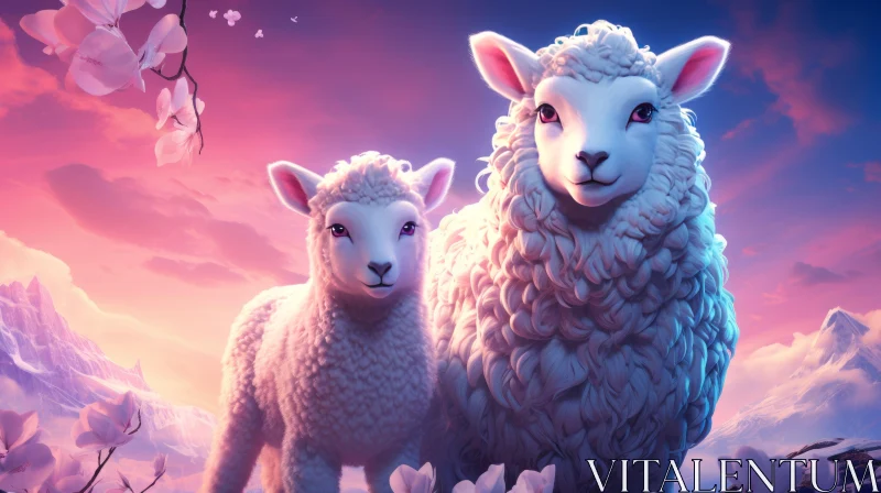 Luminous Portraits of Sheep Amidst Roses and Mountains AI Image