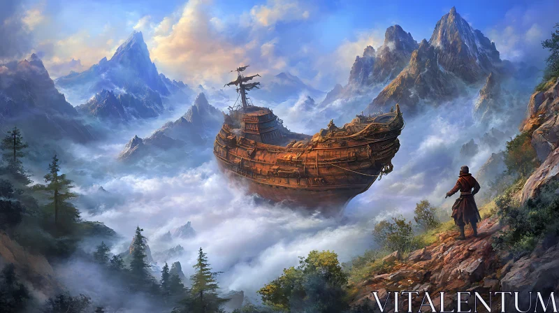 Surreal Mountainous Landscape with Ancient Floating Ship AI Image