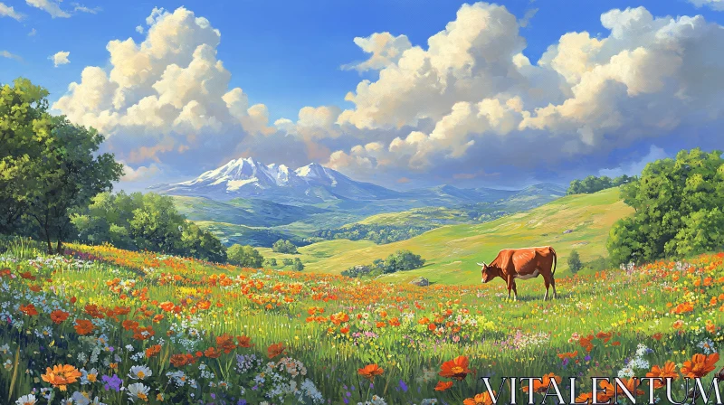 Tranquil Meadow Scene with Grazing Cow and Mountains AI Image