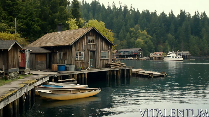 Tranquil Lake Scene with Wooden Cabin and Forest AI Image