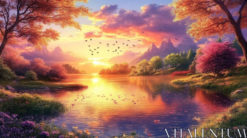 Serene Sunset Over Lake with Mountains AI Image