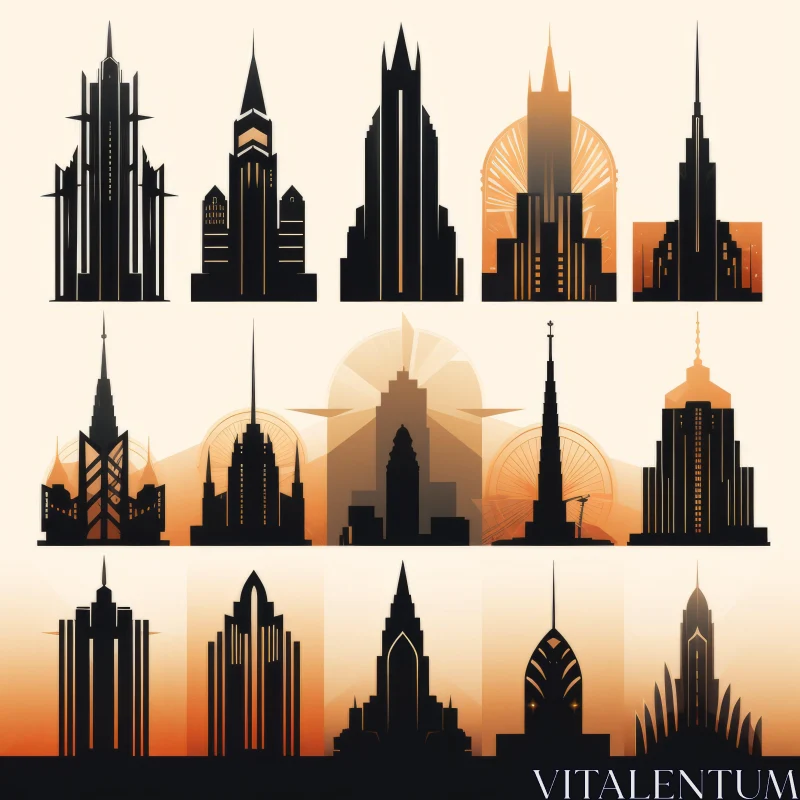 AI ART Art Deco High Rises: Minimalist Sketches in Light Black and Amber