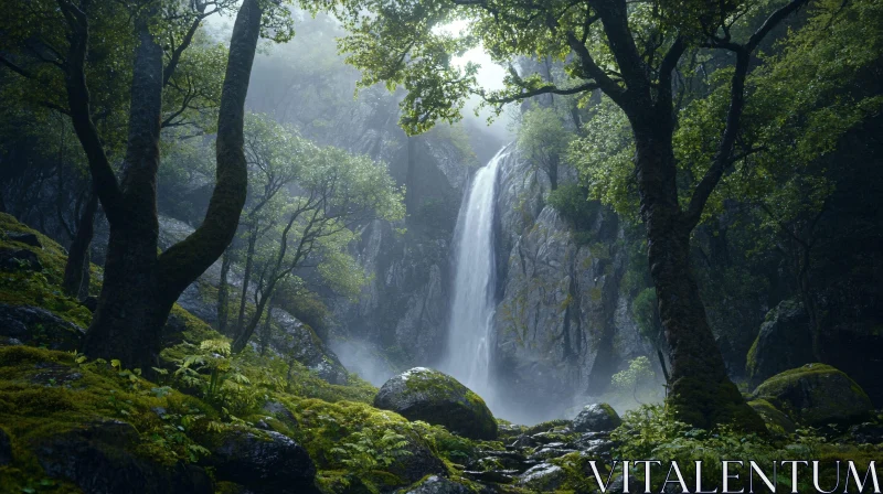 AI ART Peaceful Waterfall amidst Lush Greenery