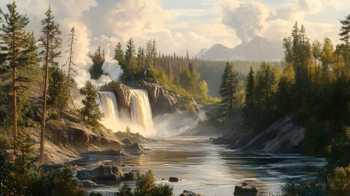 Peaceful Waterfall in Pine Forest with Distant Mountains