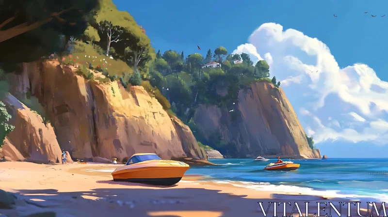 Beachside Scene with Speedboats and Cliffs AI Image