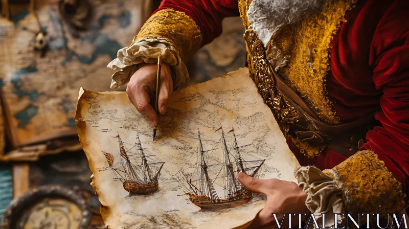 Maritime Explorer with Elaborate Map and Sailing Ships AI Image