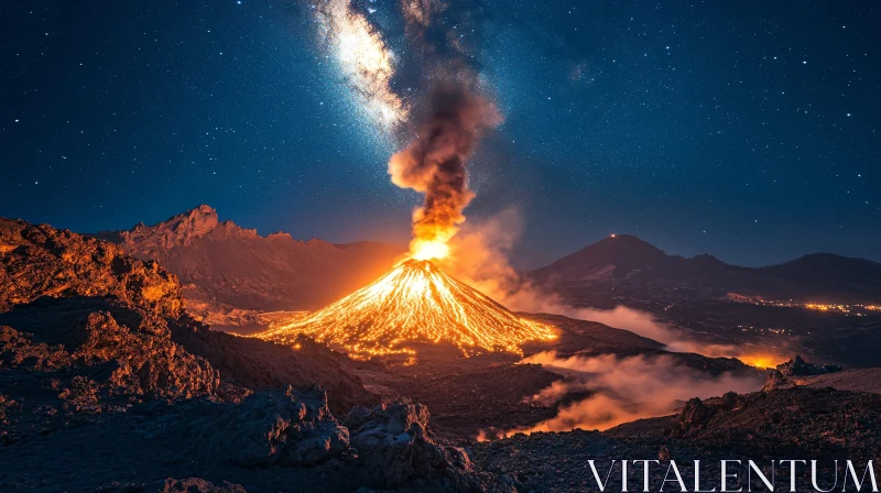 AI ART Volcano Erupting at Night with Visible Milky Way