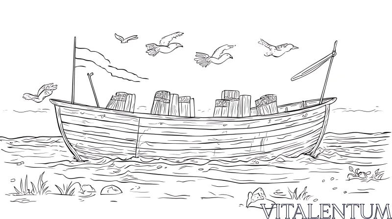 Boat and Seagulls Sketch Art AI Image