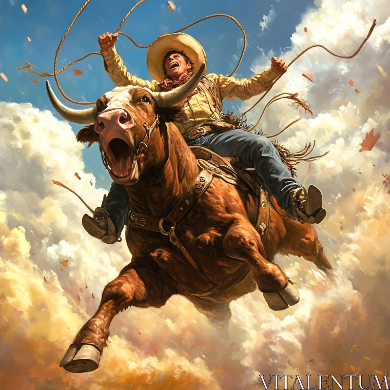 Sky-High Rodeo: Cowboy and Bull AI Image