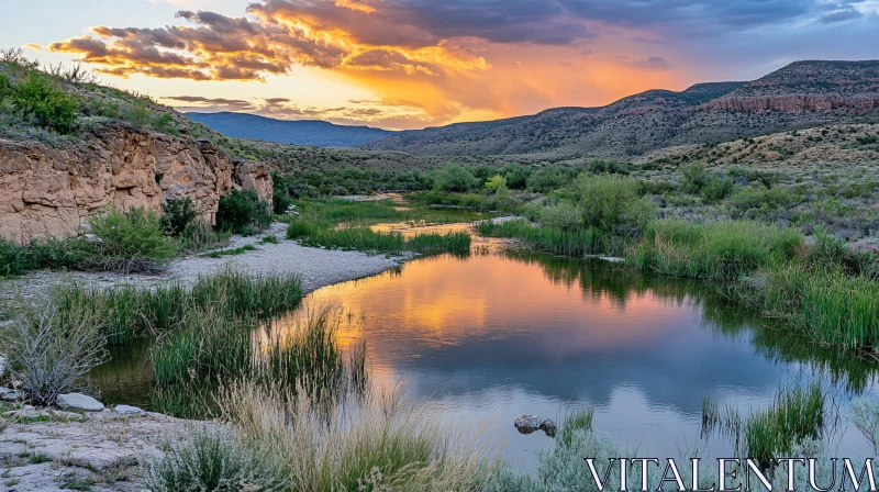 AI ART Sunset Over Tranquil River and Rocky Cliffs