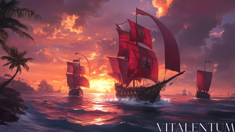 Sunset Journey with Red Sails on the Ocean AI Image