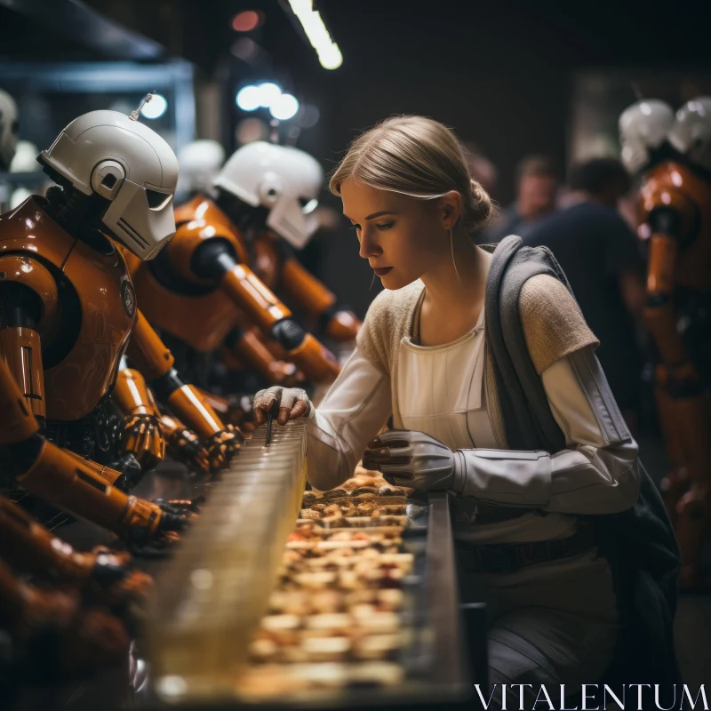 Candid Industrial Moment: Woman Among Star Wars Cheese Robots AI Image