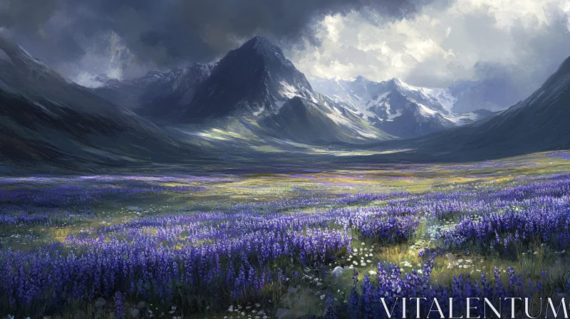 AI ART Purple Flower Field with Snow-Capped Mountains