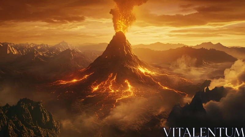 Fiery Volcano Eruption Amidst Mountains AI Image