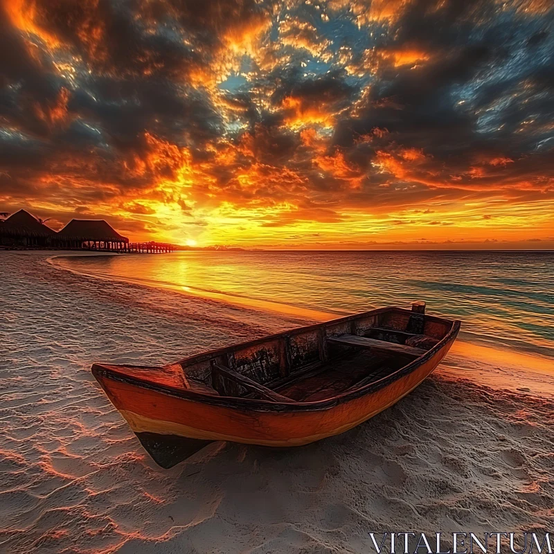 Beach Sunset with Wooden Boat and Overwater Bungalows AI Image