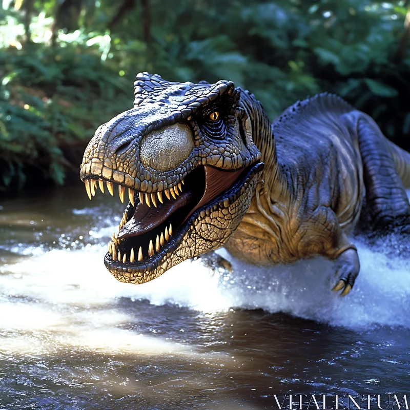 AI ART Dinosaur Charging Through Forest River