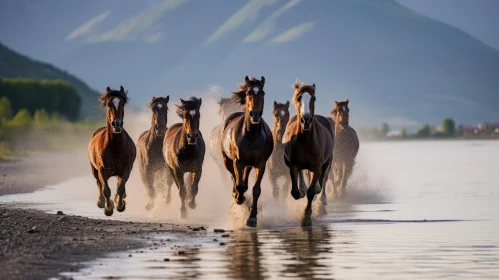Majestic Horses Galloping in Water Against Mountain Backdrop