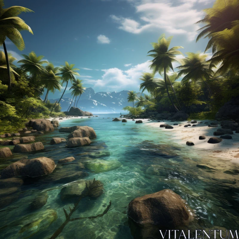 Serene Tropical Island Scene with Detailed Rocks and Palm Trees AI Image