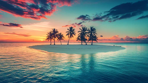 Tropical Island Sunset with Palm Trees and Sandy Beach