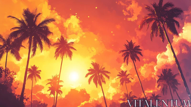 AI ART Tropical Sunset Silhouette with Palm Trees