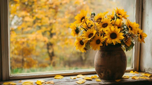 Autumn Sunflowers on Wooden Windowsill