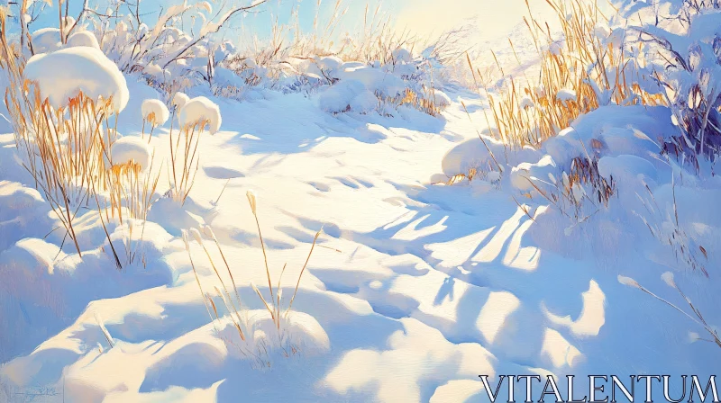 AI ART Golden Grass in Snow-Covered Field with Sunlight