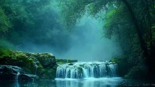 Tranquil Misty Waterfall in Lush Forest