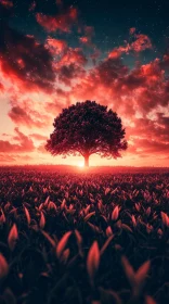 Majestic Tree in Fiery Landscape