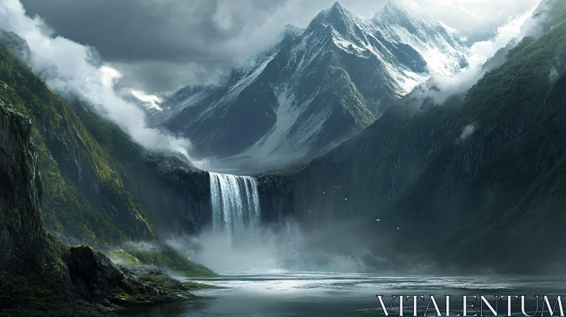 AI ART Waterfall in Misty Mountain Landscape