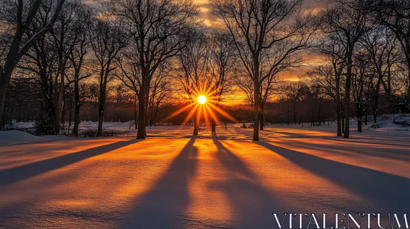 Golden Sun Setting Behind Bare Trees in Winter AI Image