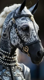 Artistic Representation of a Beaded Horse in Black, Silver, and Gold