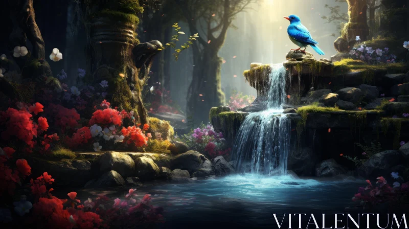 Azure Bird in a Colorful Forest with Waterfall AI Image