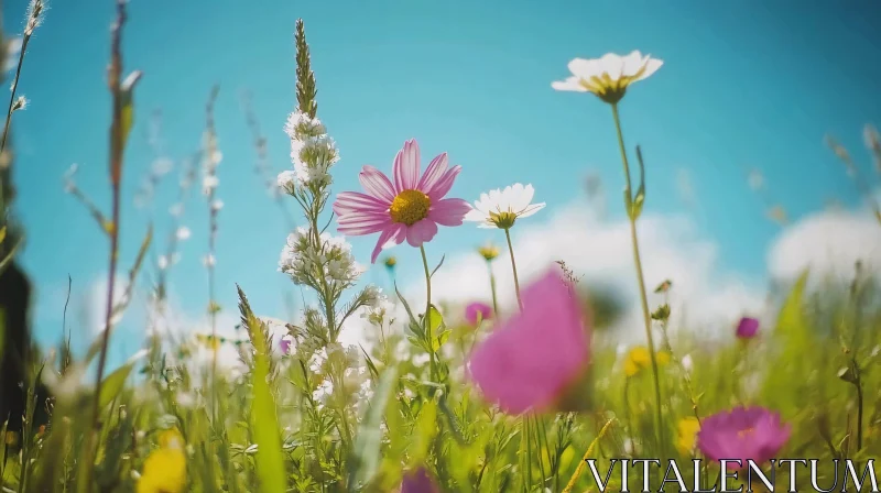 Serene Wildflower Meadow Under Clear Blue Sky AI Image