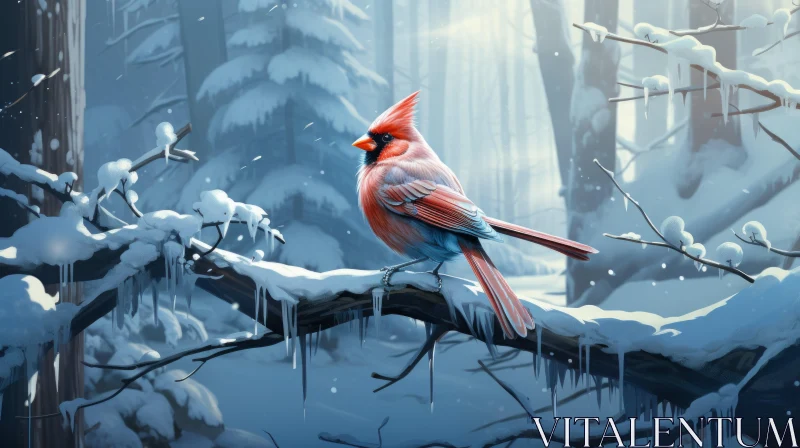 Cartoon-Style Bird in Snowy Forest Artwork AI Image