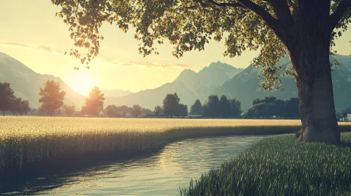 Tranquil Sunset Landscape with Tree and River