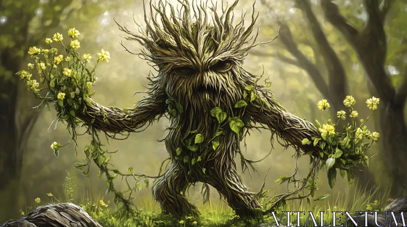 Mystical Tree Being in Lush Woodland AI Image