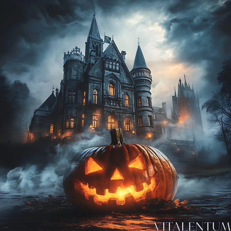 Haunted Castle with Fog and Jack-o'-Lantern AI Image