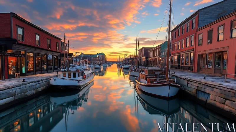 Picturesque Sunset Harbor with Classic Boats AI Image