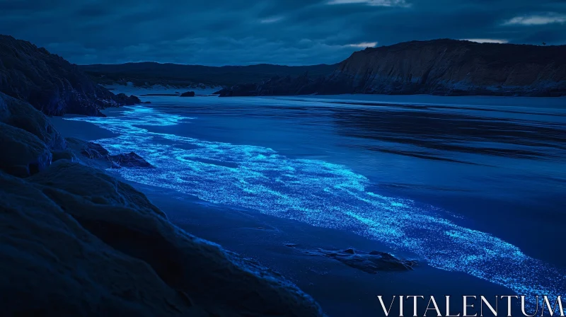 Glowing Bioluminescence on a Night Beach AI Image